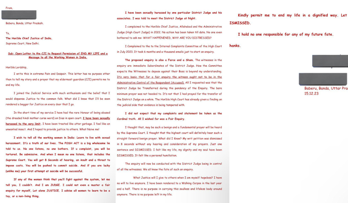 In this two-page letter, she detailed the abuse and harassment she suffered during her posting in Barabanki. The female judge asked permission from CJI Chandrachud to end her life.